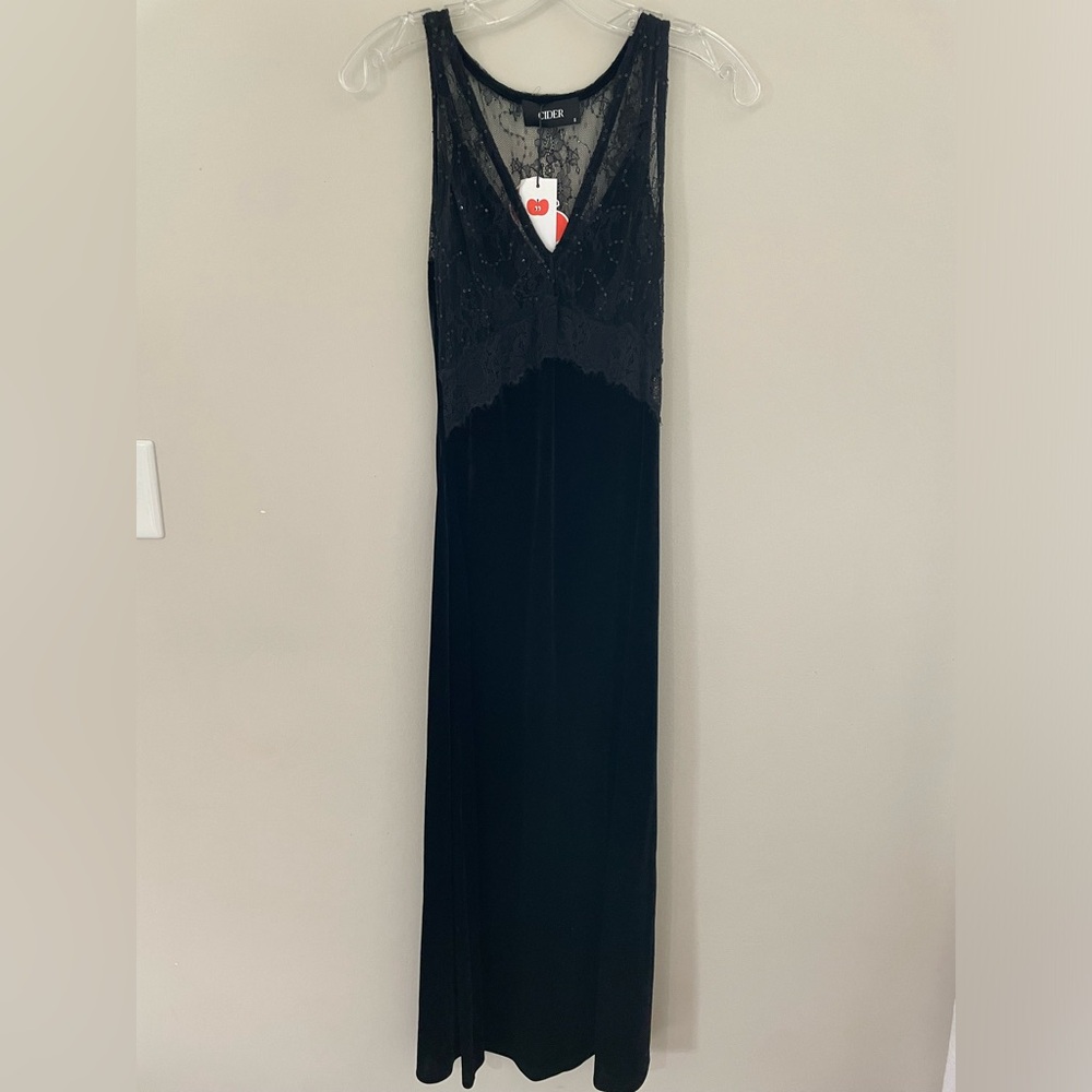 Cider Velvet Black Maxi Dress with Lace and Sequin Bodice NWT